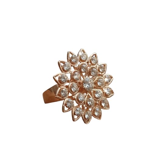 Gold-Toned Artificial Stone Ring for Women & Girls, Leaf Floral Design Crystal Studded Statement Ring, Adjustable Fancy Fashion Jewelry-image-21
