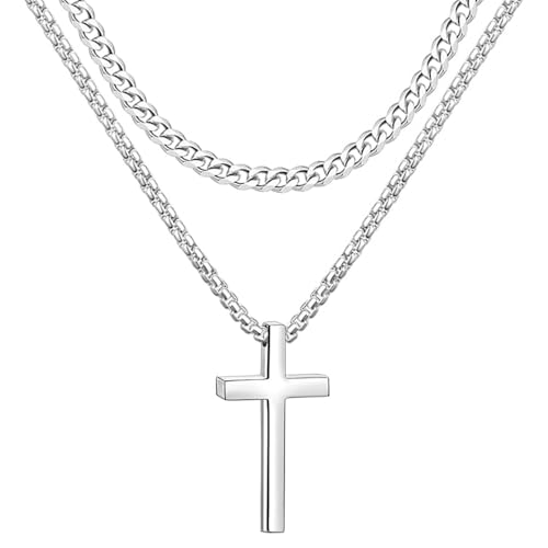 weryerker 2 Pieces Cross Necklace for Men, Layered Choker Necklace Cross Pendant Stainless Steel Chains for Men Jewelry Gift