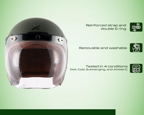 Image of Axor Retro Jet Leather ISI Dot Certified Lightweight Open Face Helmet for Men and Women with Clear Bubble Visor Dull Battle Green(L)