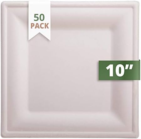 CaterEco Bagasse Compostable Disposable Plates (50 Count) | 10” Eco Friendly Biodegradable Square Plate Set | 100% Tree-Free Paper Plates Alternative | for Parties, Dessert, Cake & More
