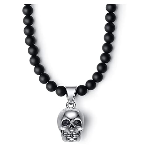Matte Onyx Beads Stainless Steel Skull Pendant Necklace for Men Boys 60cm Cover