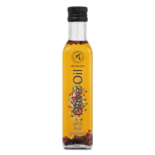 Aceite de Oliva con Pimienta 250ml - Una Mezcla de Cuatro Pimientos - Aceite de Oliva Comestible Fresco - Aceite de Oliva para Cocinar - Buen Aderezo para Ensalada - Sabor Natural - Botella de Vidrio