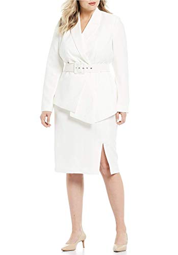Tahari ASL Women's Plus Size Belted Notch Collar Jacket with Pencil Skirt Set, Ivory, 24W