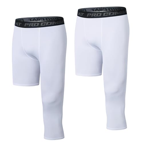 SHAIYOU 2 Pcs Mens 3/4 Pantalones Compresión, Leggings de Una Pierna con Secado Rápido, para Entrenamiento de Gimnasio Sports Basketball Rear Athletics Base Cycling Pants (White L-Long,4XL)