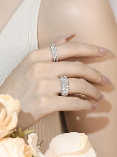 Moissanite Wedding Band Ring, 3-Row Wdith Half Eternity Band Moissanite D Color VVS1 Simulated Diamond Rings 925 Sterling Silver Prong Setting, Anniversary and Bridal Gift for Women Wife, All Size3