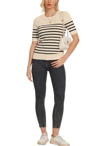 Image of Spicy Sandia Women's Long Sleeve Crewneck Sweaters with Dressy Cuff | Striped or Solid Available, Dressy Casual, Classic, Lightweight, For Office Work, Business Casual Outfits