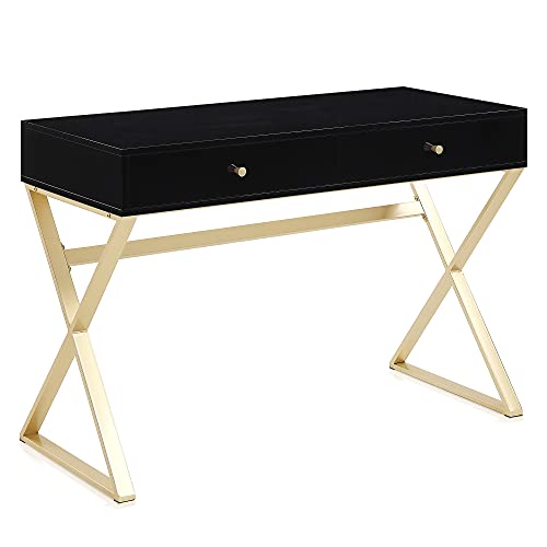 BELLEZE Modern 42 Inch Makeup Vanity Dressing Table or Home Office Computer Laptop Writing Desk with Two Storage Drawers, Wood Top, and Gold Metal Frame - Ellena (Black)