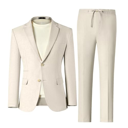 Men's Linen Suits 2 Piece Casual Regular Fit Linen Blazer Jacket and Pants for Summer Beach Wedding2