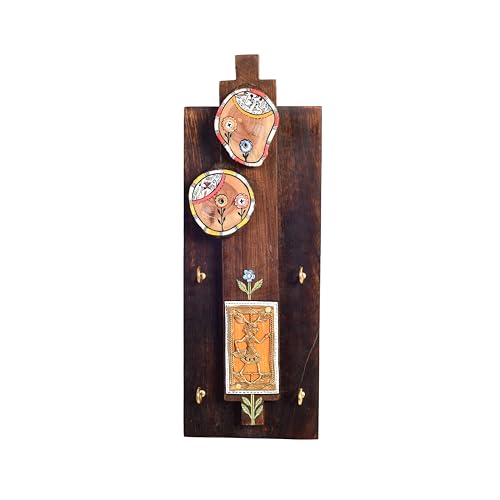 Image of AAKRITI ART CREATIONS Key Holder, Prabha Key Hanger with Brass Motifs and Beautiful Artwork | Rustic Dhokra & Wooden Wall Organizer with 4 Hooks | New Home Gifts.