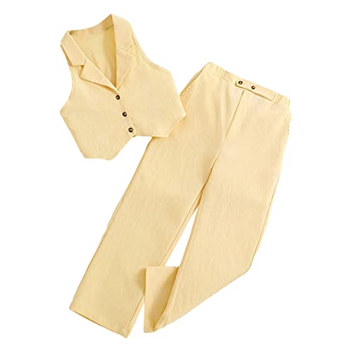 Girls Summer Outfits Button Front Bl𝐚zer Jacket Sleeveless Vest Tops Wide Leg Pants Kids Loungwear Set 2PCS