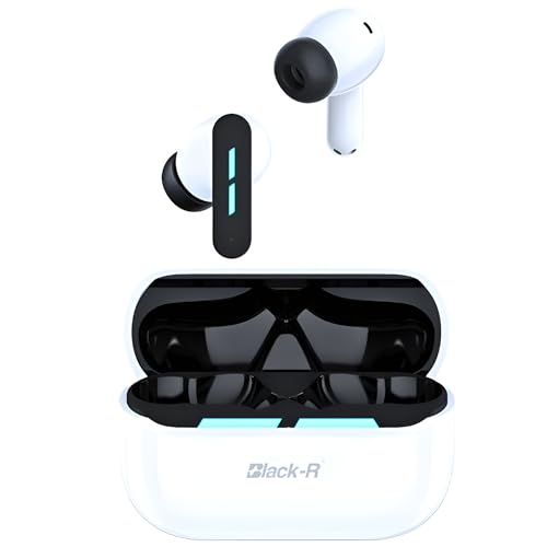 Image of Black-r Stylish Light Wireless in Ear Earbuds TWS with Noise Cancellation, HD Mic, 130H Playtime and Extra Bass, 45ms Low Latency Gaming with ENC, 13mm Bass Drivers Ear Buds TWS, R-003 (White)