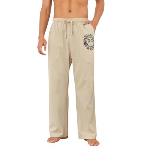 Image of Puimentiua Cotton Linen Pants Men, Summer Beach Pants Loose Fit with Elastic Waist Drawstring