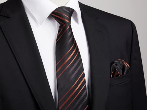 Image of Enlision Mens Ties Stripe Tie and Pocket Square Set Classic Formal Woven Neckties Handkerchief Cufflinks Wedding
