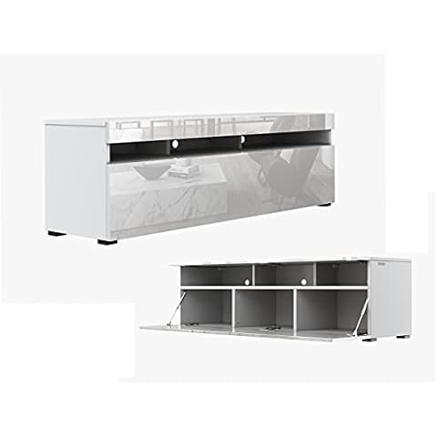 TV Lowboard 140 cm Board TV Base Hanging or Standing TV Cabinet with Open Shelf White High Gloss (White Matt / White High Gloss) Cover