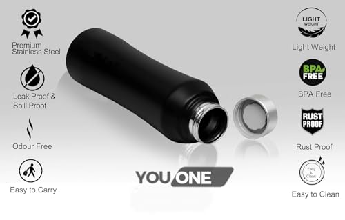 Image of YOUONE Stainless Steel Water Bottle (1 Litre, Set of 1)| Leak Proof Thunder for Fridge Home Office Travel School Kids Boys Girls Adults Sports Gym Yoga (Black)