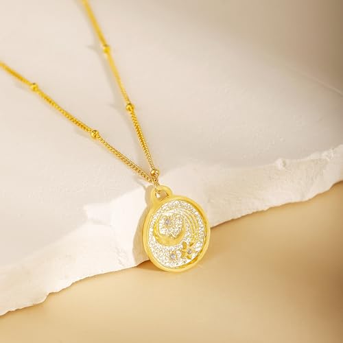 Celestial Coin Necklace - 925 Sterling Silver Moon & Star Coin Pendant with 3 Zircons, 18K Gold Plated Adjustable Chain (40+5cm/15.7"+2"), Astronomy Jewelry Gift2