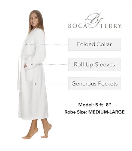 Terry Cloth Bathrobe by BOCA TERRY, Luxury Robe for Women, Plush White Cotton Hotel Spa Robes, Medium/Large