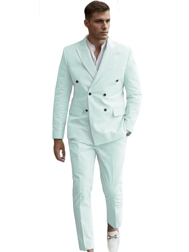 Men's 2 Pieces Searsucker Pinstripe Suit Casual Solid Six Button Blazer Slim Fit Double Breasted Jacket Trousers Party Set2