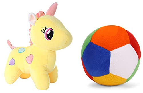 Babique Unicorn Stuffed Soft Toy Plush For Kids Baby Boy Girl Birthday (25Cm -Yellow) & Ball Rattle Sound Soft Toy For Rs. 284 @ 83 %