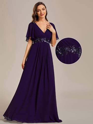 Image of Ever-Pretty Womens V Neck Applique Mother of the Bride Dresses Formal Dress | Chiffon, Short Sleeves, Ruched, A-Line, Bridesmaid Dresses, Formal Gown, Black Tie Dress