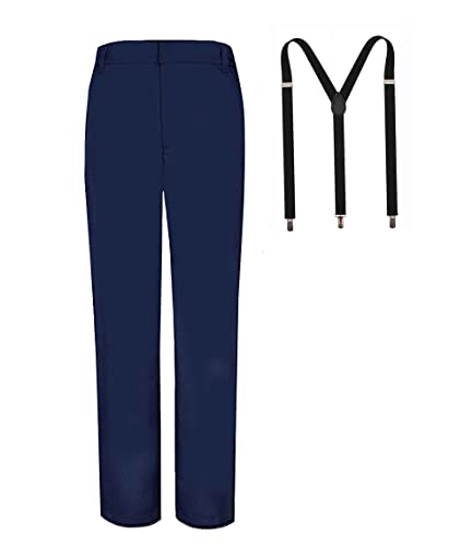 Image of Bienzoe Boys School Uniform Pants: Kids Adjustable Waist Flat Front Dress Trouser Suspender Pack