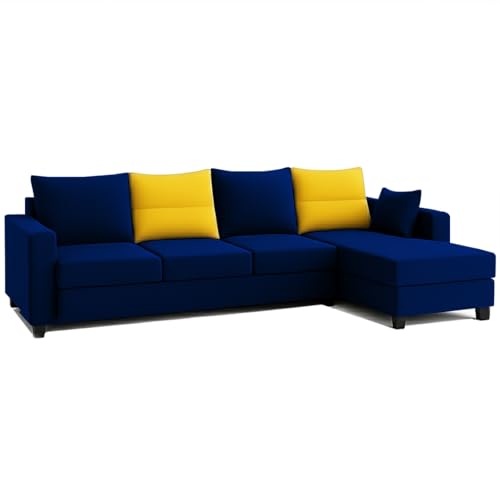 Image of CASASTYLE Texon 5 Seater Fabric RHS L Shape Sofa Set (Yellow-Dark Blue) Velvet Finish | Comfortable Sectional Sofa Set