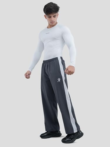 Image of Athflex Classic Stripe Pants for Men Straight Fit Lightweight Parachute Fabric Track Pants Men Athletic Bottom Wear Casual Street Style Lounge Pants Coal Grey