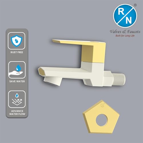 Image of RN PTMT Bib Cock for Bathroom | 15mm Foam Flow Water Tap with Flange | Luxury G20 Series Faucet | High-Grade Engineering Polymer Tap (Ivory Bright Gold Dual, Pack of 2)