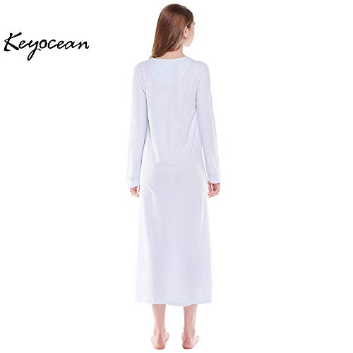 Keyocean Nightgown for Women 100% Cotton Long Sleeves Long Nightshirt Light Blue
