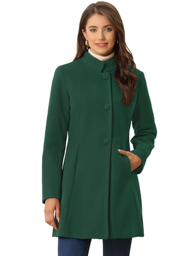 Allegra K Women's Winter Overcoat Mid-Long Stand Collar Single Breasted Coat Outerwear Medium Deep Green