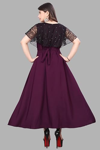 Image of Women's Poly Crepe Round Neck Plain Gown Dress