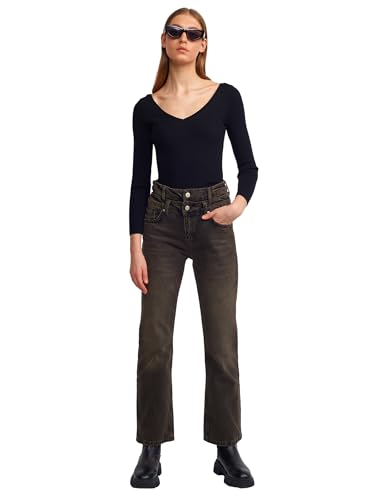 71407%100 Pamuk Çift Kemerli Stright Denim Pantolon-Siyah 36