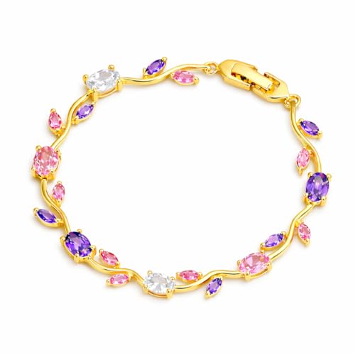 Image of Okos Gold Plated Tulip Pink Stone Bracelet for Women & Girls | Elegant Floral Link Bracelet | Lightweight Adjustable Bracelet for Daily Wear, Party & Gifting