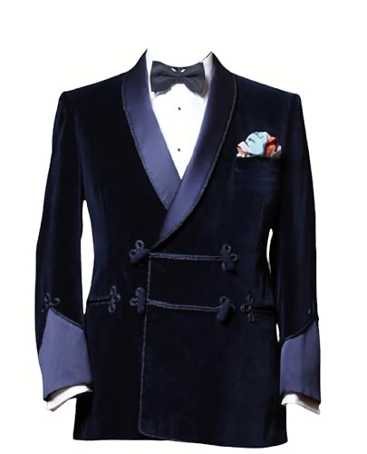 Men's Navy Blue Velvet Smoking Jacket Double Breasted Smoking Jackets Christmas Party Wear Smoking Jackets