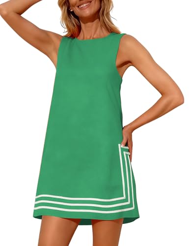 Image of Womens Summer Boho A-Line Mini Dress Sleeveless Sundress Color Block Beach Coverups
