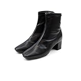 [Vivian] 5.5cm ヒール スクエアトゥ ストレッチ ショートブーツ V6270AW ブラックPU M(23.0-23.5)