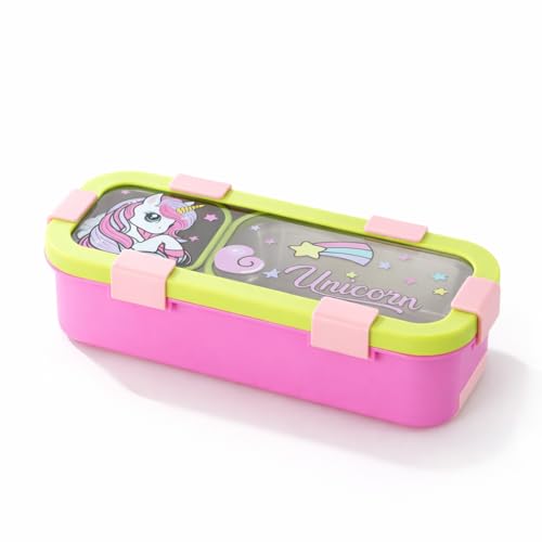 Image of Kids Lunch Box with 2 Compartments | 600ml Unicorn Cartoon Print Stainless Steel Bento Box for School | Leak-Resistant, BPA-Free Food Container Tiffin for Boys & Girls - Pink