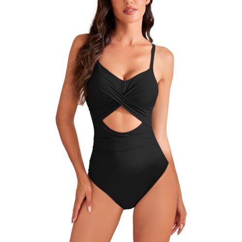 EMOTTOS Traje de baño de una Pieza para Mujer, Sexy Traje de Baño con Cuello en V, Tirantes Dobles y Sujetador, Traje de Baño Calado Barriguita Alta Elasticidad(08-L)