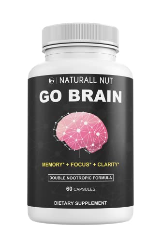 Naturall Nut Go Brain - Double Nootropic Supplement Formula - Enhance Focus, Mind, Concentration, Improve Memory and Clarity for Men and Women - Ginkgo Biloba, Dmae, Vitamin B12 & Bacopa Monnieri