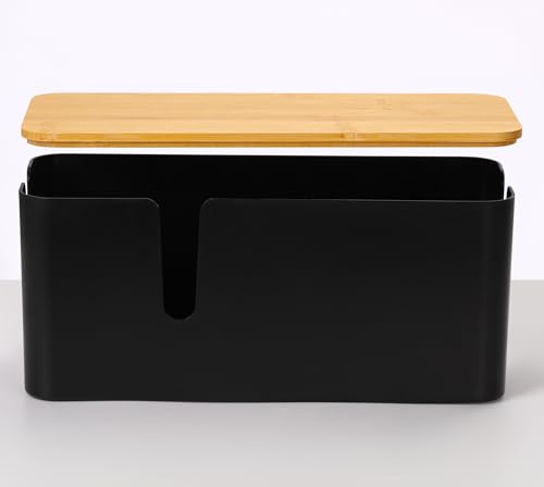 Image of ZhiYo Large Cable Management Box, Thick ABS Power Strip Organizer, Black | Extra-Tall Design for Oversized Adapters, Natural Bamboo Lid, Fits Power Strips Up to 12.5 inch Long, Ideal for Desks, TV Areas
