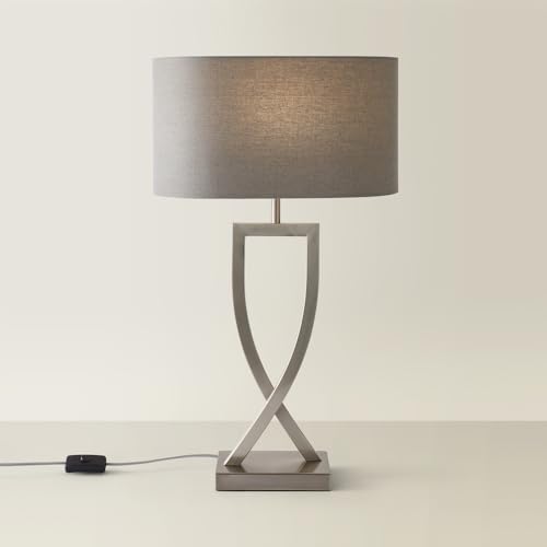 ValueLights | Large Silver Chrome Table Lamp with a Grey Oval Lampshade | Table Lamps, Home Décor & Improvement Essential | Includes 4W LED Bulb [3000K Warm White]