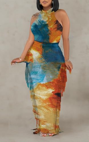 Image of 2 Piece Outfits for Women Sexy Halter Neck Sleeveless Crop Tops Ruched Bodycon Dresses Jumpsuits Fringe Skirt Sets
