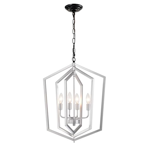 4-Light Farmhouse Chandeliers Matte Black and Silver + Vintage Cage Light Fixture Adjustable Height for Dining Room, Bedroom, Living Conference Holiday D cor