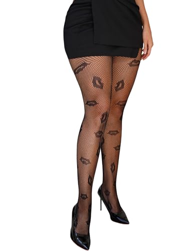 Women's Lips Print Fishnet Tights Mesh Stretchy in Black/Fuchsia, Flirty Legwear for Date Night
