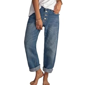 Akivide Women’s Baggy Ankle Jeans Casual Loose Straight Leg Button Boyfriend Cropped Cute Denim Pants