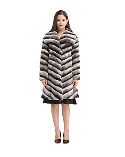 LVCOMEFF Women Genuine Rex Rabbit Fur Long Coat Chinchilla Color Plus Size with Big Collar