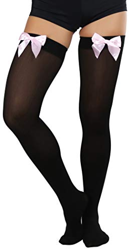 Image of ToBeInStyle Women's Opaque Long Thigh High Stockings w /Decorative Front Satin Bow