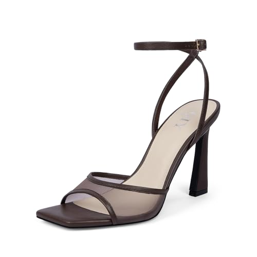 Image of QIY Strappy Heels for Women Heeled Sandals Square Toe Heel Ankle Strap Stiletto Mesh High Heels Dress Shoes