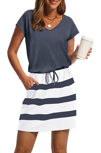 Vestidos De Verano para Mujer 2025 V Neck Short Sleeve T Shirts Tie Waist Beach Dress Sundresses with Pockets Stiped Floral L Blue White