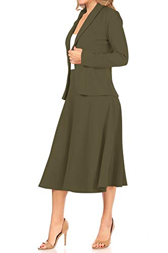 Two Piece Lightweight Solid Long Sleeve Casual Blazer Relaxed A-Line Midi Skirt Olive 3XL3